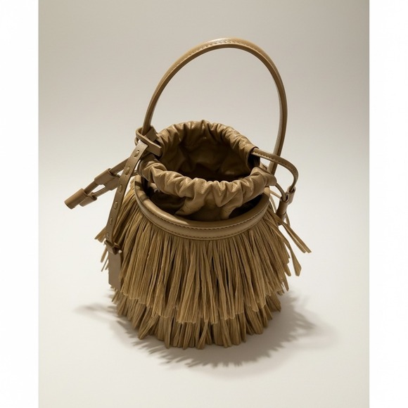 MICHAEL KORS COLLECTION Ischia Mini Leather and Fringe Bucket Bag Natural Peanut - Picture 5 of 14